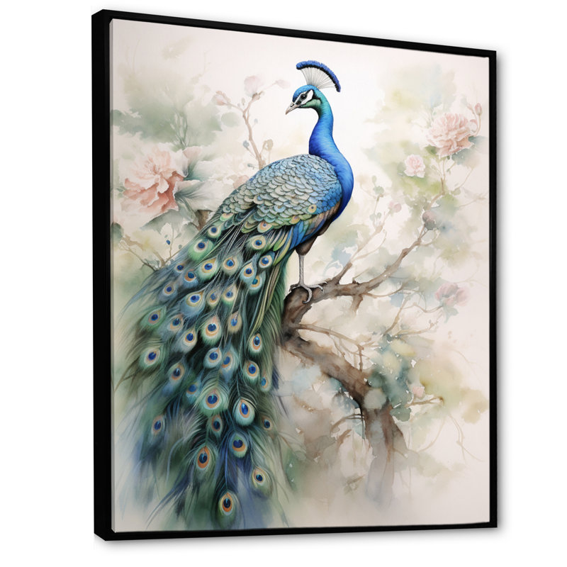 Baldassarre bleu encre délavée paon II - paon grand art mural, H 32 po x l 24 po, Cadre flottant noir