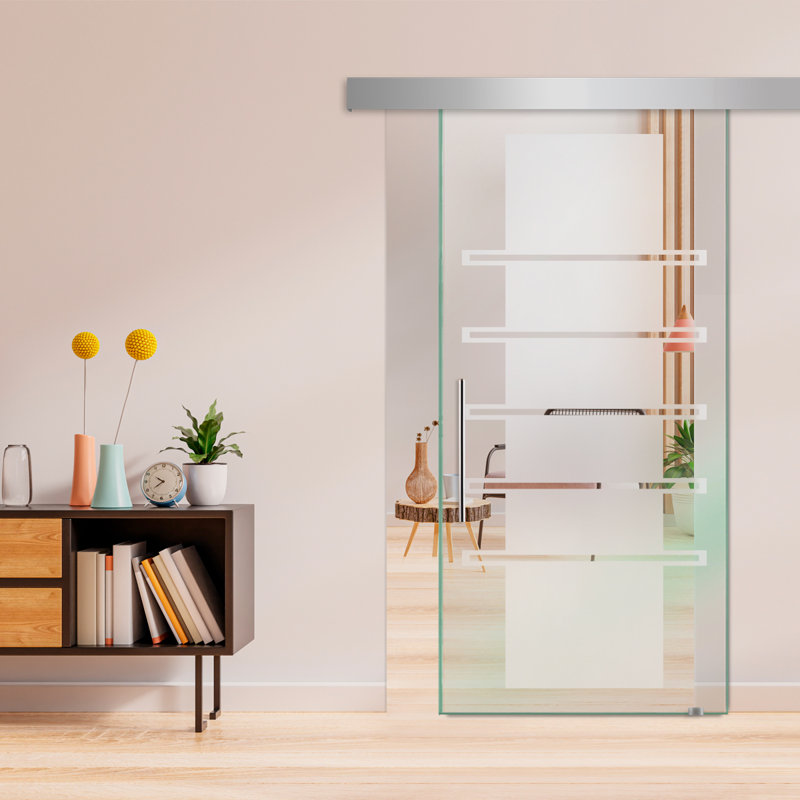 Porte de grange coulissante en verre sans cadre avec design moderne givré + ensemble de quincaillerie (semi-privée)