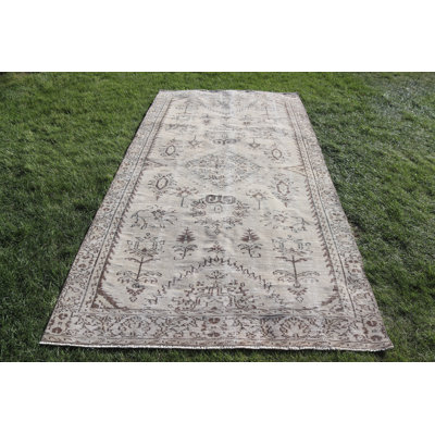 Tapis Oushak en laine beige turc fait à la main et parfait pour la décoration de salon