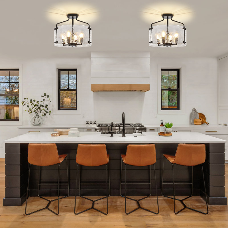 4 - Light Modern Glass Drum Semi Flush Mount Ceiling Light Fixture For Kitchen Bedroom Entryway Hallway, Matte Black