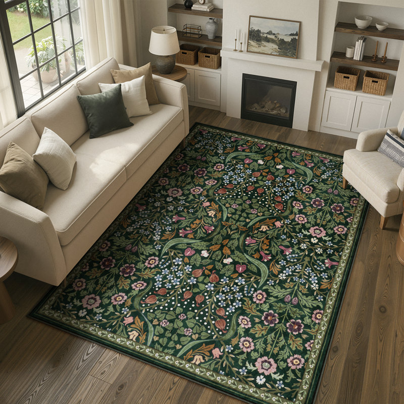 Tapis lavable à motif floral Kaldi, Rectangle 5 pi x 7 pi, Vert