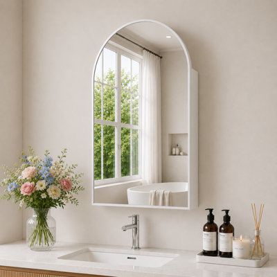 Modern Arched Mirrored Medicine Cabinet with Brushed Black Frame, Adjustable Shelves and Reversible Door, Wall Mounted, 20in*30in，Silver