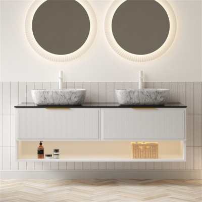 Meuble-lavabo de 60 po avec lavabo, armoire de rangement en contreplaqué flottant, 2 tiroirs et tablette à rayures fines, capteur de lumière, 2 vasques en céramique à motif marbré et plateau en pierre frittée noire, pré-assemblé