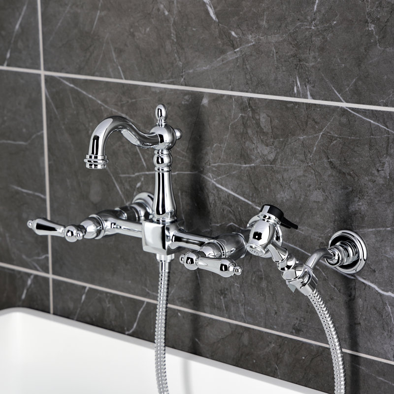 Kingston Brass Heritage Double-Handle 3-Hole Wall-Mount Bridge Kitchen Faucet with Brass Sprayer, Polished Chrome