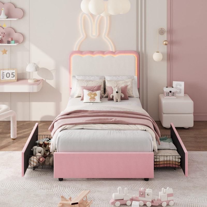 Structure de lit plateforme simple tapissier simple avec 2 tiroirs de rangement - tête de lit double ondulée réglable, style princesse en velours, support robuste en lattes de bois et de métal, aucun sommier nécessaire, rose et blanc