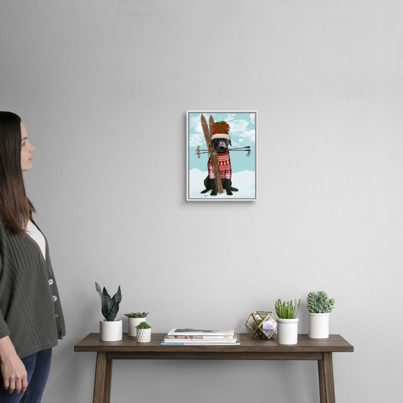 Labrador noir, ski - reproduction d'art sur toile, H 16 po x l 13 po x P 1,75 po, Cadre blanc