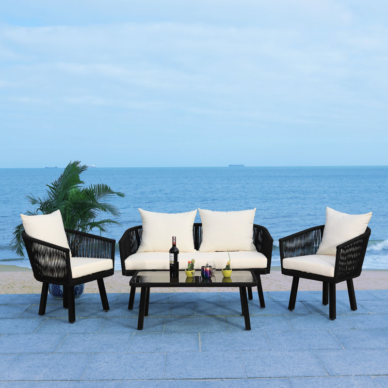 Oropeza 4 - Person Patio Conversation Set with Cushions, Black Frame/Beige Cushion