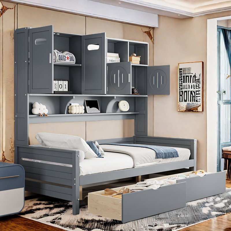 Lit de jour tout-en-un en bois avec 2 tiroirs, armoires et tablettes, Simple, Gris