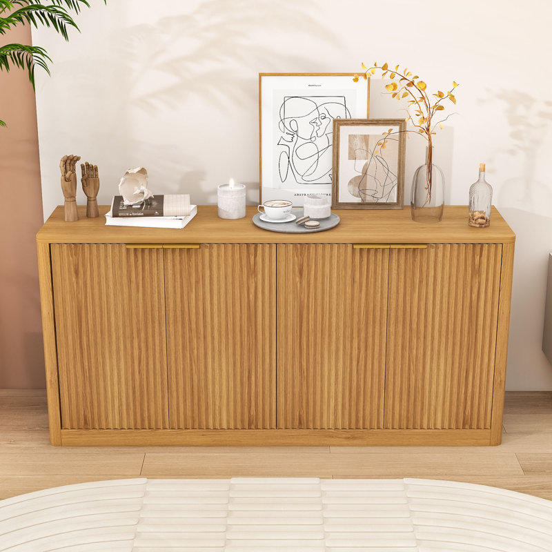 Buffet courbé avec armoire de rangement à 4 portes pour le salon, la cuisine, la chambre à coucher ou le vestibule, Naturel