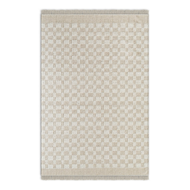 Lavande Checkered Wool Area Rug in Tan/Ivory