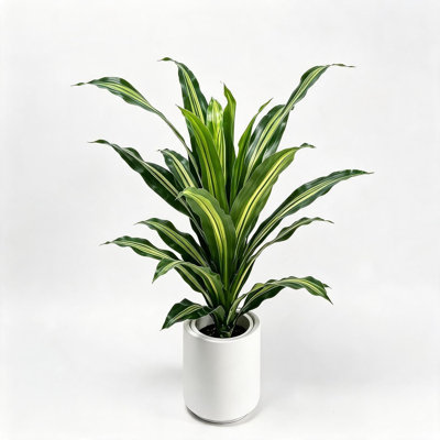 Arbre de fer brésilien artificiel réaliste, faux Dracaena fragrans, pot blanc antique avec cailloux jaunes, 98 cm, décor intérieur / extérieur nécessitant peu d'entretien