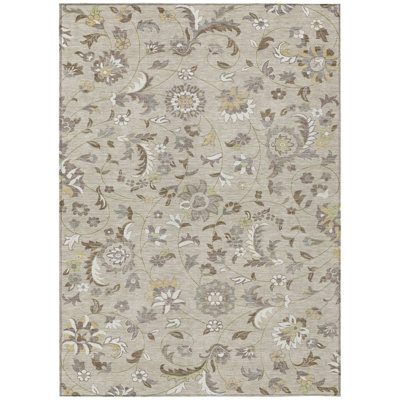 5' X 8' Beige Floral Washable Indoor Outdoor Area Rug
