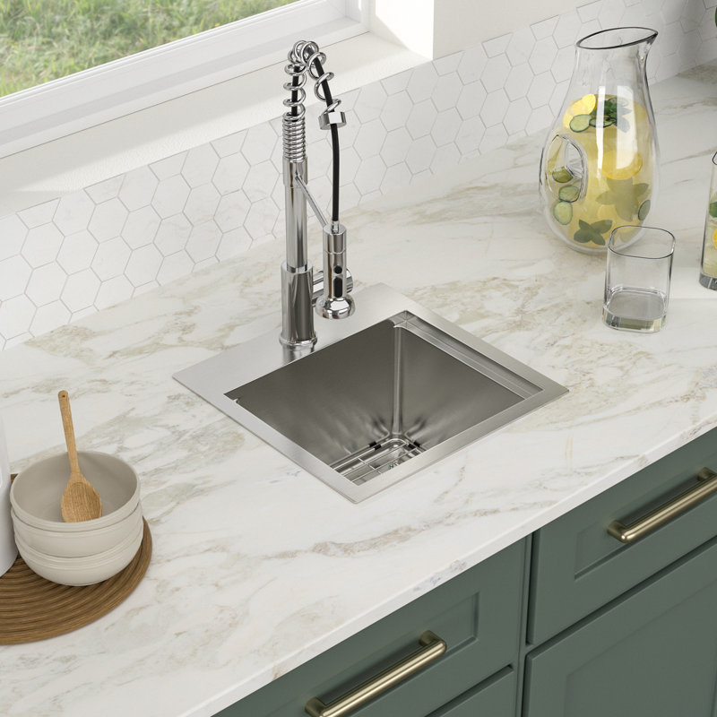 15" L x 15" W Drop-in Kitchen Bar Top-mount Stainless Steel Sink Workstation Kitchen Sink 16 Gauge Stainless Steel Single Bowl Sink