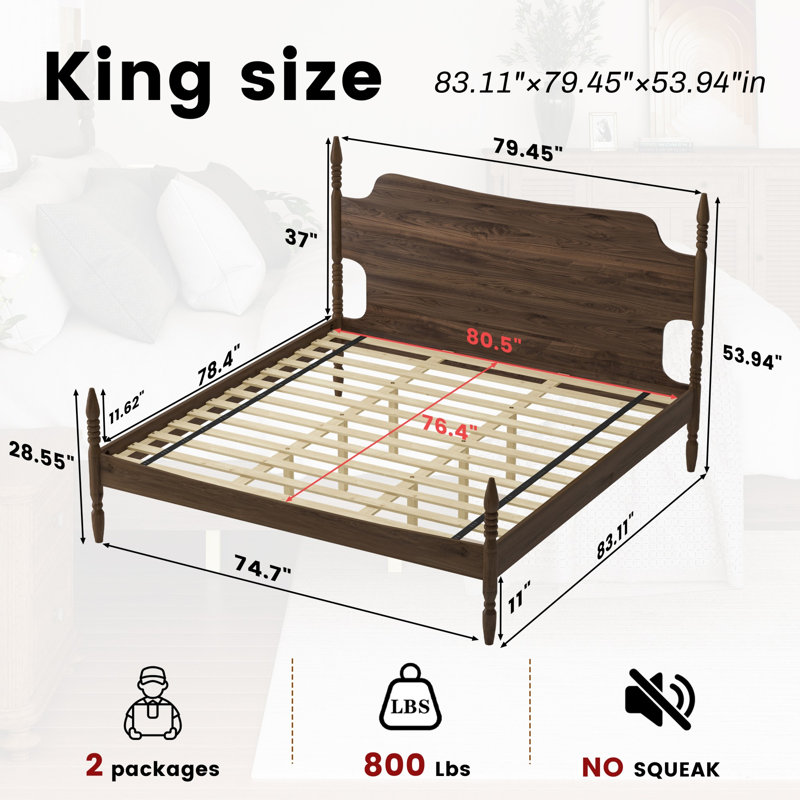 King Size Platform Bed Frame With Curved Tall Headboard Stylish Durable Design No Box Spring Required, King
