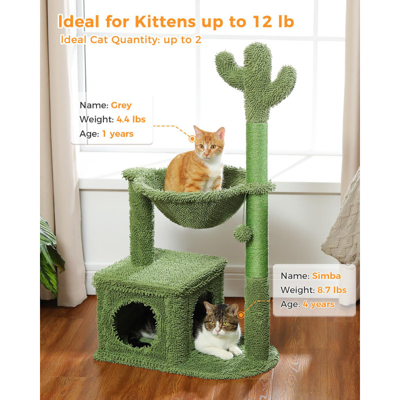 40'' Green Cactus Cat Tree with Hammock and Condo