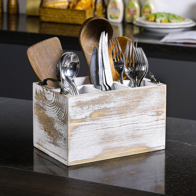 4 Compartment Wood Rectangle Flatware Caddy