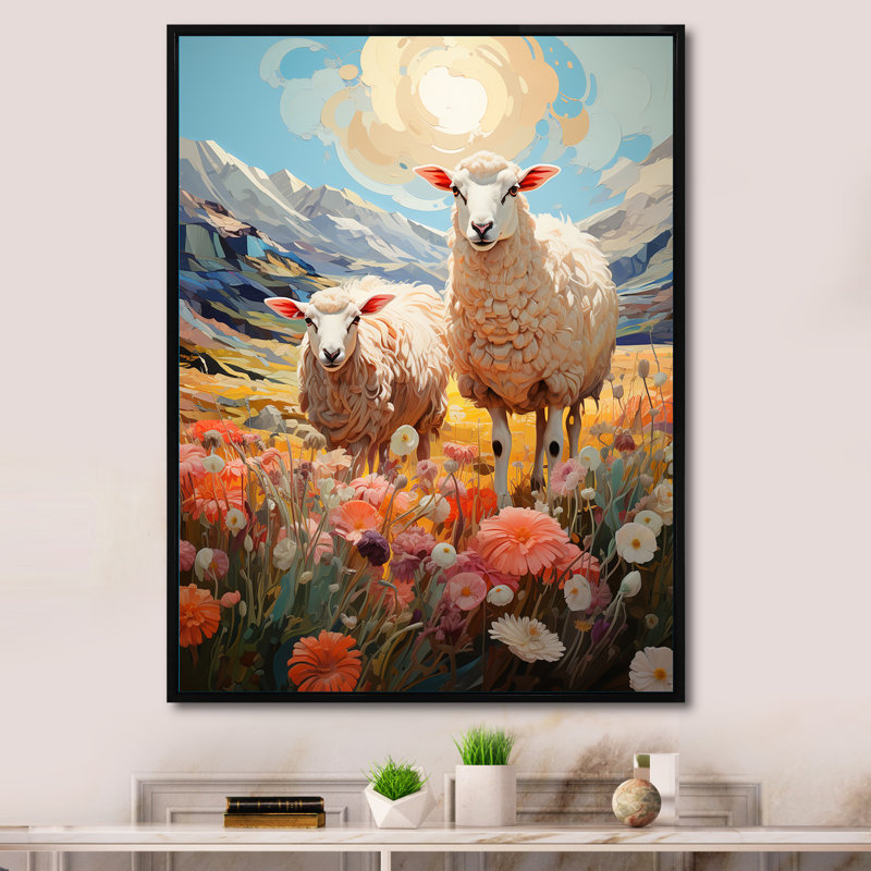 Décoration murale moutons fantaisistes - animaux, H 40 po x l 30 po x P 1,5 po, Cadre flottant noir