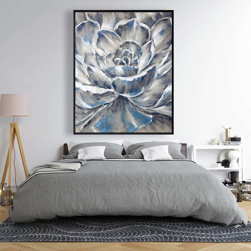 «Gray and Blue Flower», art contemporain sur toile encadrée