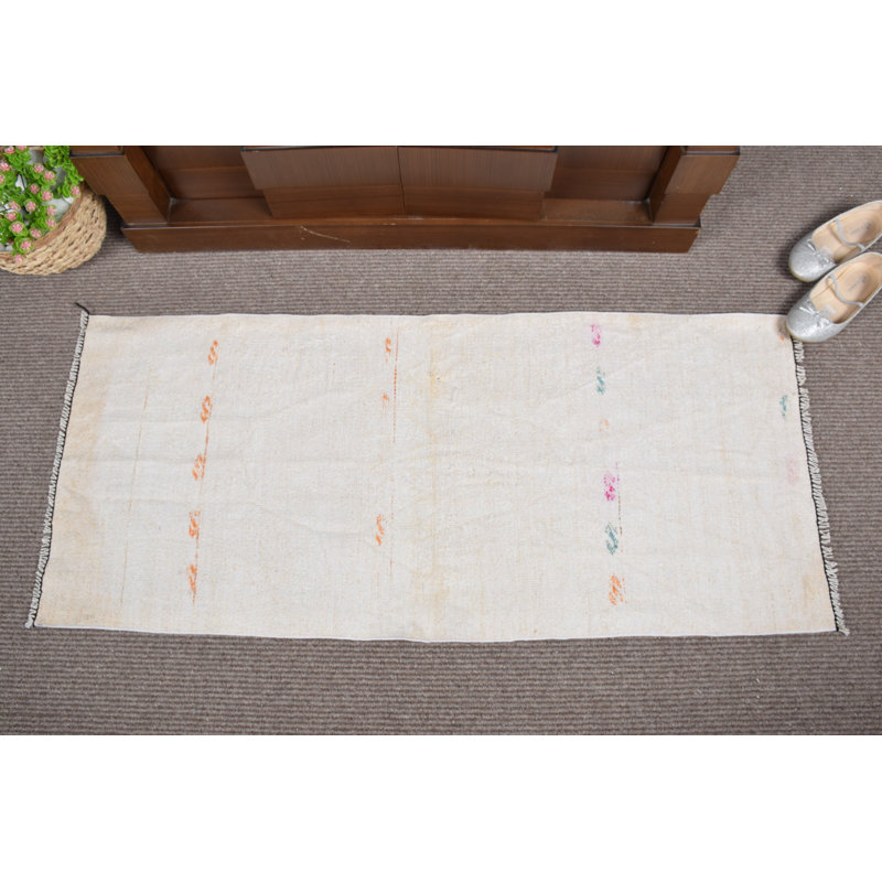Handwoven Beige Turkish Anatolian Vintage Small Hemp Rug with Intricate Pattern