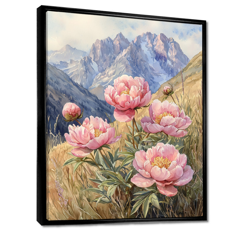 Pivoines dans la vallée balayée par le vent - art mural encadré de pivoines, Noir, Impression encadrée sans passe-partout