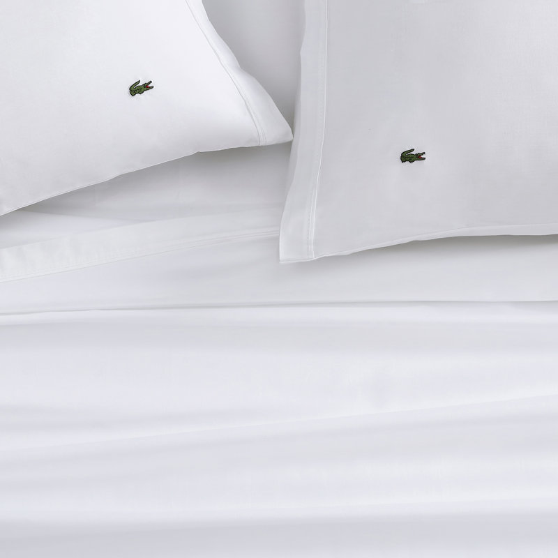 Lacoste Cotton Percale Sheet Set, Crisp Feel and Breathable Bedding, 16" Deep Pocket Fitted Sheet, White, Queen, White