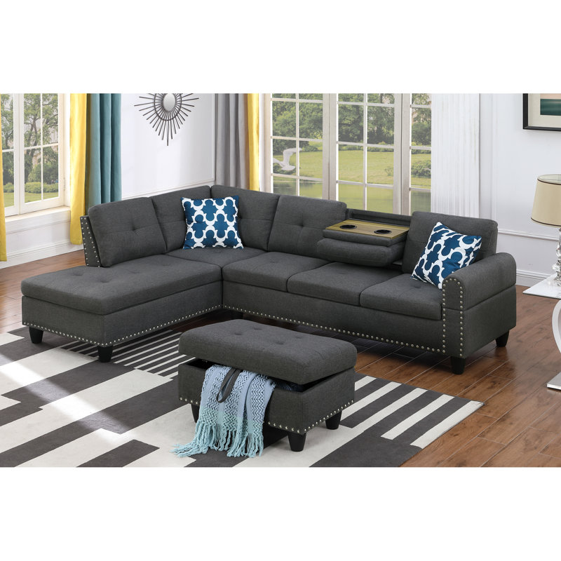 Gris foncé, en forme de L, 3 sièges, expériences de jeu et de cinéma, console porte-gobelet, coussins décoratifs, rangement, accoudoirs arrondis, dossier, ressorts attachés à la main à huit voies, canapé modulaire en lin gris anthracite avec tasse