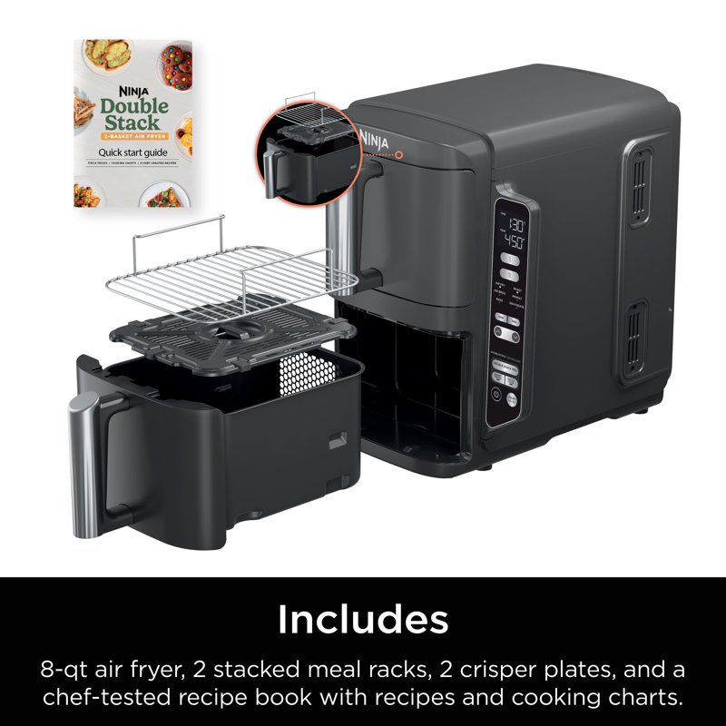 Ninja SL201 DoubleStack 2-Basket Air Fryer, DoubleStack Technology Cooks 4 Foods at Once, Space Saving Design, 8 QT, 6-in-1, Smart Finish & Match Cook, Air Fry, Broil, Bake, Easy Meals, Easy Clean