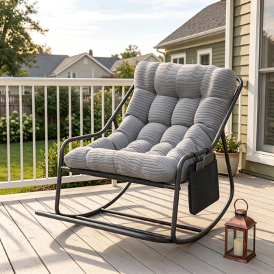 Rocking Chair with Extended Footrest, Oversized Papasan Recliner Rocker with Corduroy Cushion & Storage Pocket, Steel Frame Lounge Chair for Indoor Outdoor Bedroom Living Room Patio, Gray