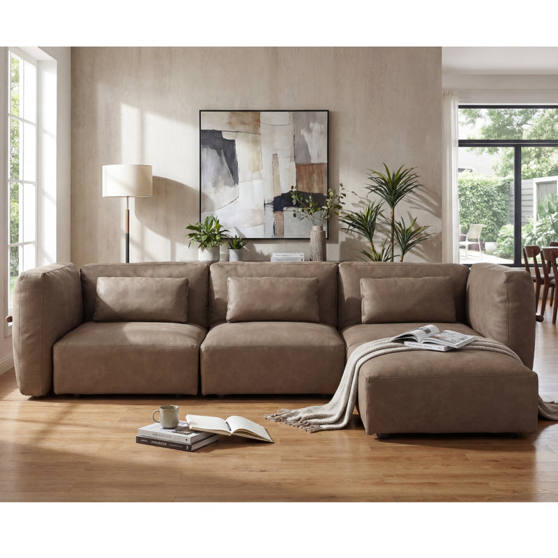 4 Pieces L Shaped Upholstered Sectional Modular Cloud Sofa With Ottoman, Brown Faux Leather