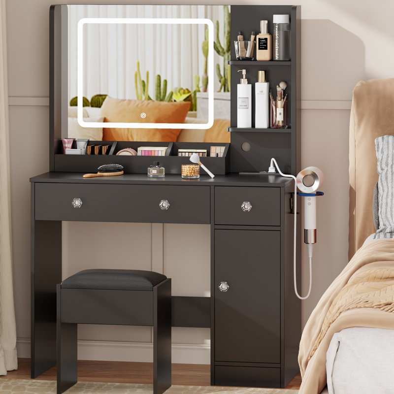 Ensemble de meuble-lavabo 34 po avec miroir lumineux à DEL et prise de courant, plateau de table de maquillage avec 3 bibliothèques ouvertes, 2 tiroirs, table de commode pour chambre à coucher, vestiaire