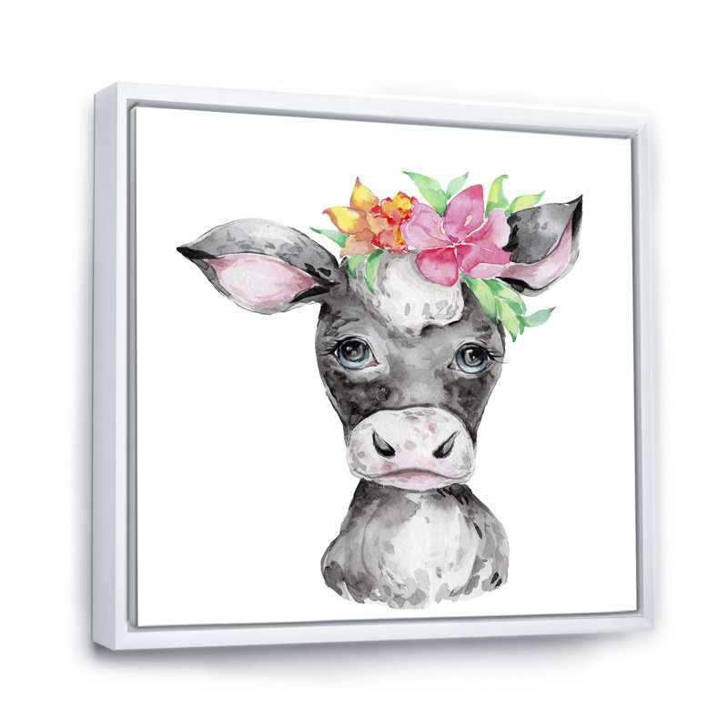 Mignonne caricature de vache, portrait floral - art mural pour enfants, décoration murale, H 36 po x l 36 po x P 1,5 po
