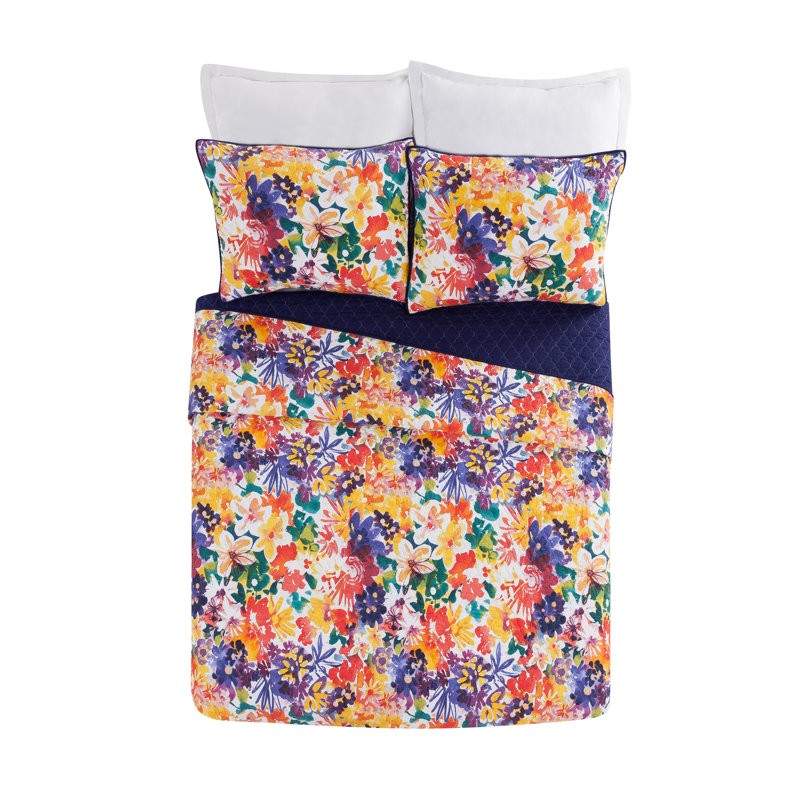 Garden in Bloom Floral 100% Cotton Reversible Quilt Set, Full/Queen Quilt + 2 Standard Shams