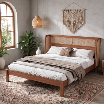 Base de lit plateforme en bambou avec tête de lit à oreilles en rotin tissé, cadre de lit à profil bas Boho Farmhouse avec panneau en rotin respirant, grand lit, naturel antique