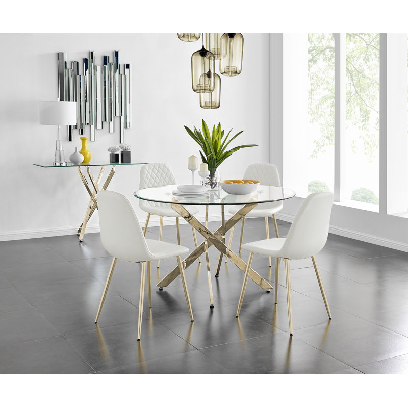Tierra Chrome Metal and Glass Round Dining Table Set with 4 Faux Leather Upholstered Dining Chairs, White, Gold