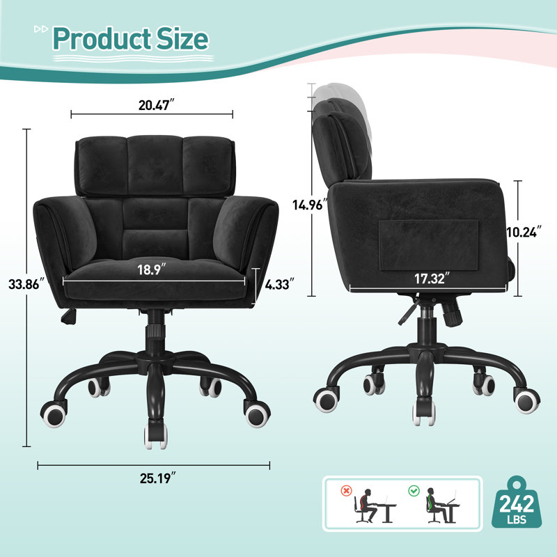 Upholstered Home Office Chair With Side Pockets, Black, Black