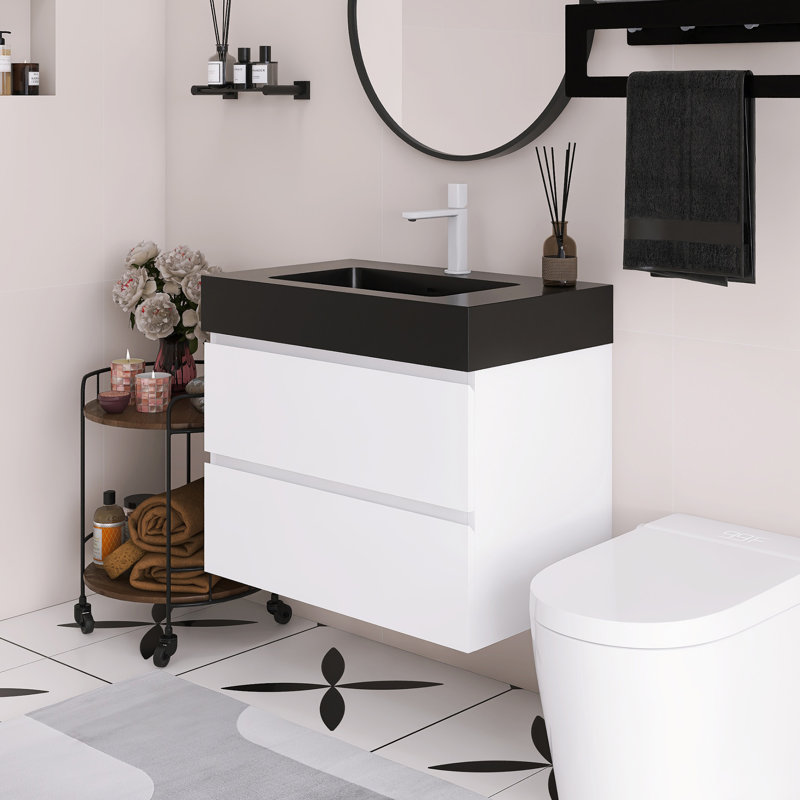 Meuble-lavabo flottant mural 30 po avec lavabo, Noir, Blanc
