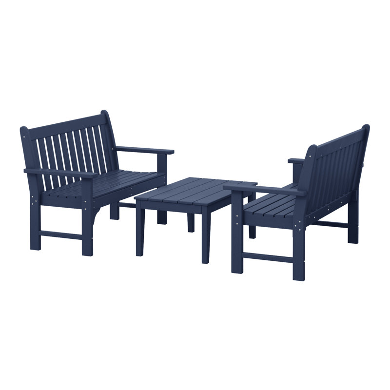 Laguna Poly 3-Piece Bench With Coffee Table, Navy Blue