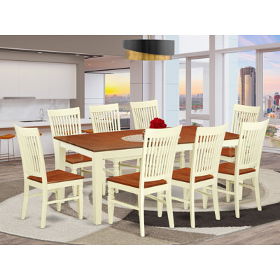 Ensemble de mobilier de salle à manger 9 pièces comprenant une table rectangulaire en bois avec rallonge papillon et 8 chaises de cuisine, babeurre et cerise