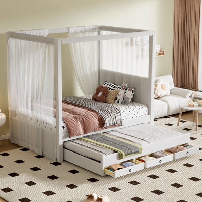 Full Upholstered Canopy Platform Bed with Trundle & 3 Storage Drawers, Beige, Beige by Mercer41