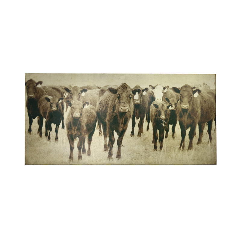 Large Neutral Toned Canvas Art with Cattle Scene