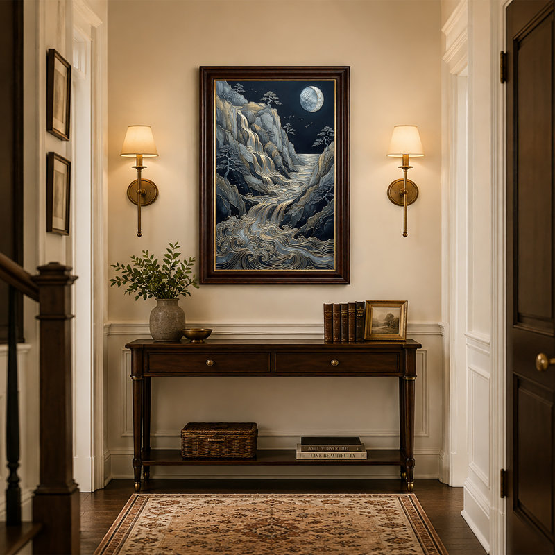 " Gold And Grey Mountain Waterfall Under Crescent Moon " Painting Print, H 24 po x l 16 po