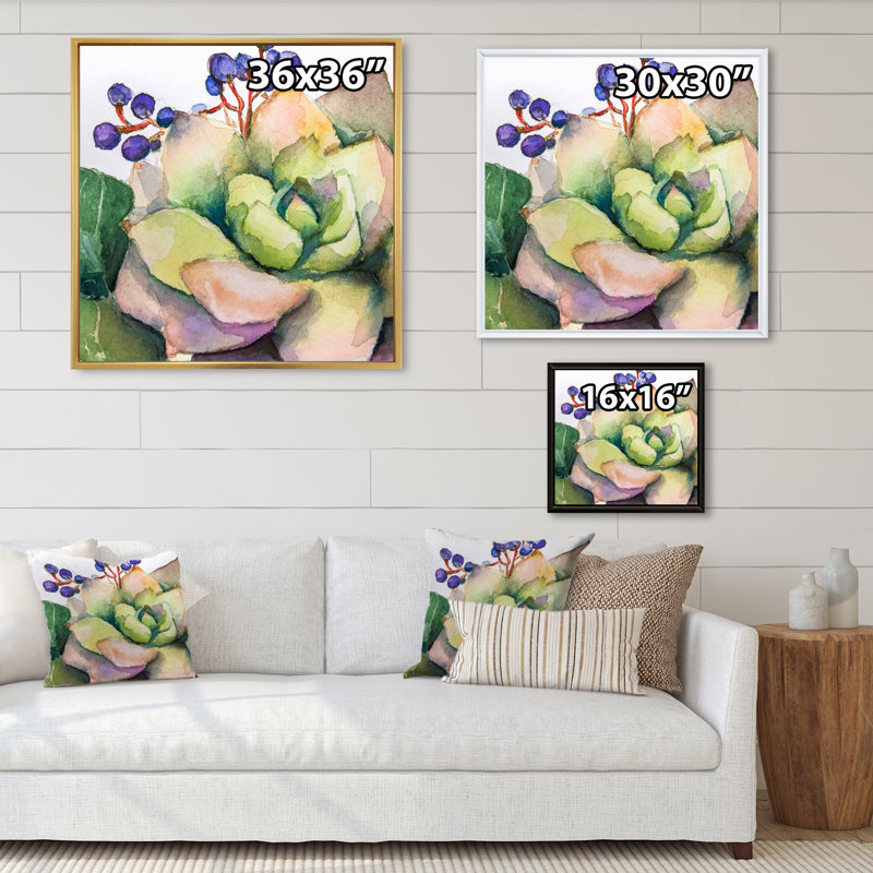 Peinture de fleurs succulentes III - sur, H 16 po x l 16 po x P 1 po, Toile avec cadre flottant noir