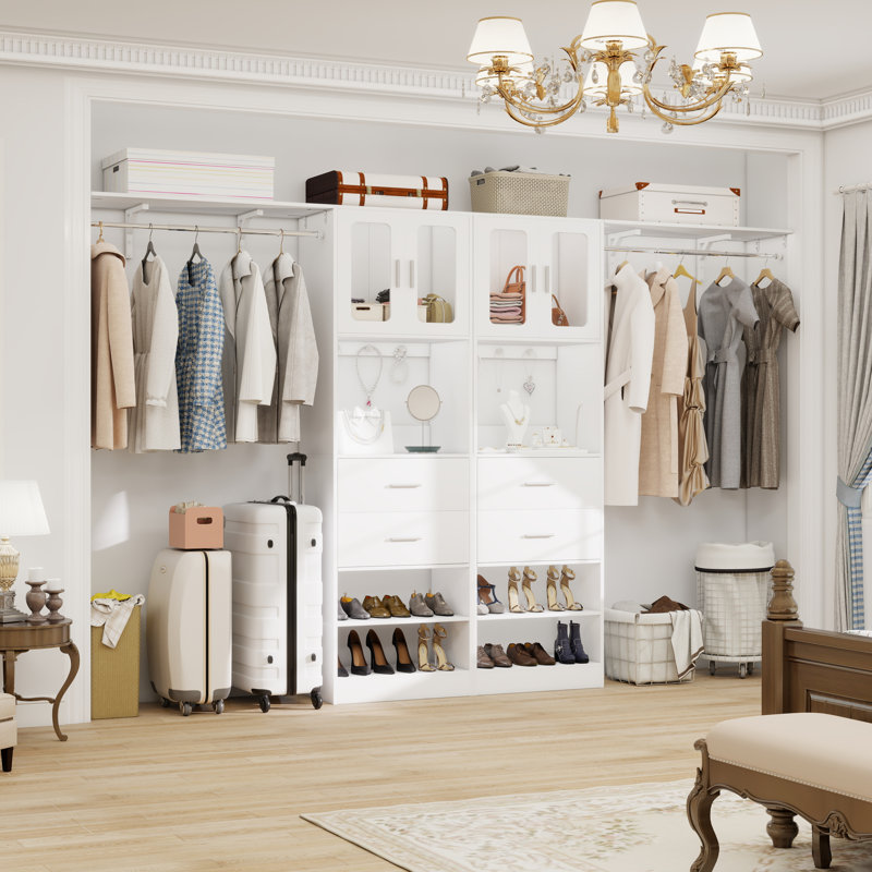 Système de placard 120 po avec portes d'armoire et 4 tiroirs en bois,  White