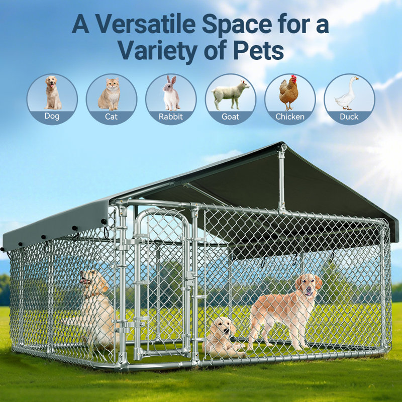 Outdoor Dog Kennel With Roof, Dog Kennel Outside With Waterproof Cover, Galvanized Heavy Duty Dog Runs Cage Playpen For Outside With Lockable Lock
