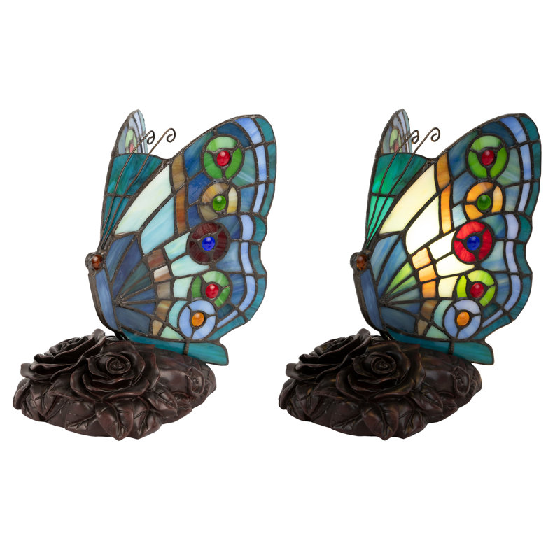Tiffany Style Butterfly Lamp (Rounded Wings) Set, Vintage Stained Glass Desk Lamps, Stained Glass Desk or Night Light Lamps with LED Bulbs