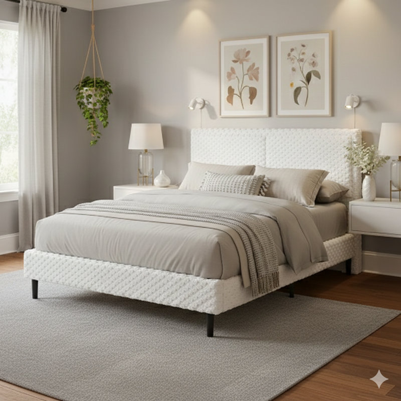 Lit simple et moderne en tissu moelleux blanc, offrant un support de dossier confortable. Très grand.