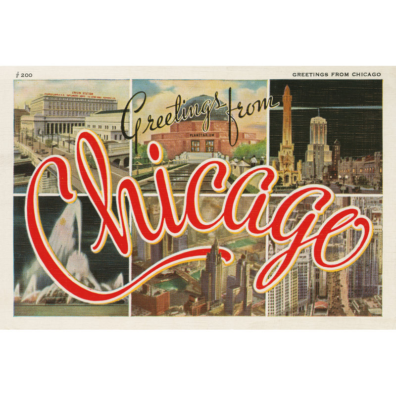 «Chicago Post card I V2 On Canvas» par Wild Apple, H 8 po x l 12 po, Non, Toile encadrée noire
