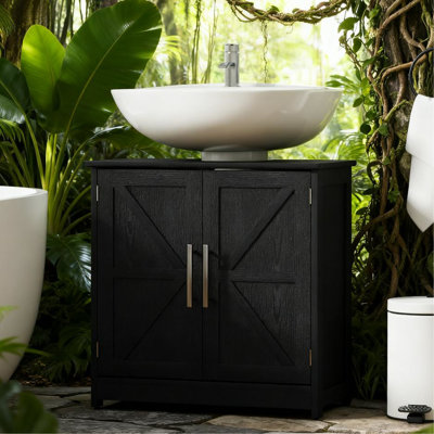 Armoire à piédestal avec élégance, deux portes de grange, une tablette réglable, une porte magnétique, une prise en forme de U de 7,9 po, des précautions de basculement et de glissement, une petite salle de bain de 23,6 po