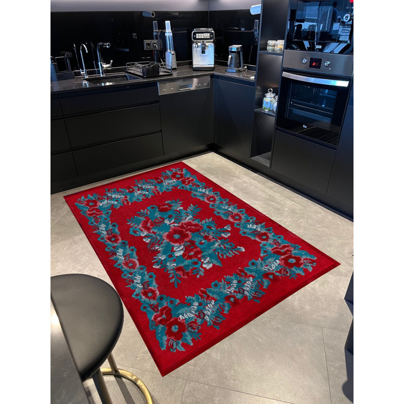 Tapis tissé à motif floral rouge et bleu Karabagh, Tapis de couloir 3 pi 3,37 po x 9 pi 10,11 po