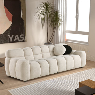 Kieayla 86.61" Modern Boucle Sofa, Tufted Cloud-Like Couch with Deep Seating, Foam and Spring Filled, Includes 2 Pillows, Soft Textured Upholstery for Living Room, Beige